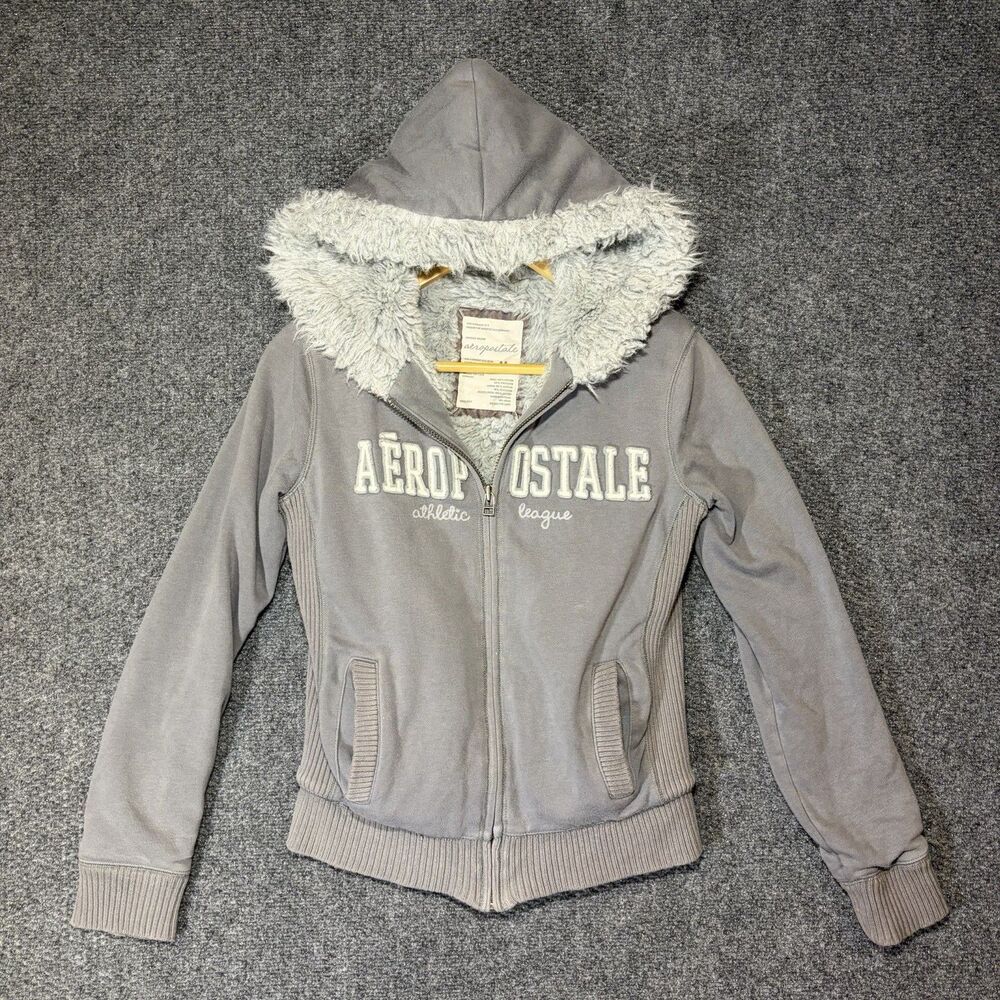 AEROPOSTALE  Faux Fur Lined Zip Up Y2K Hoodie Jacket Medium Gray